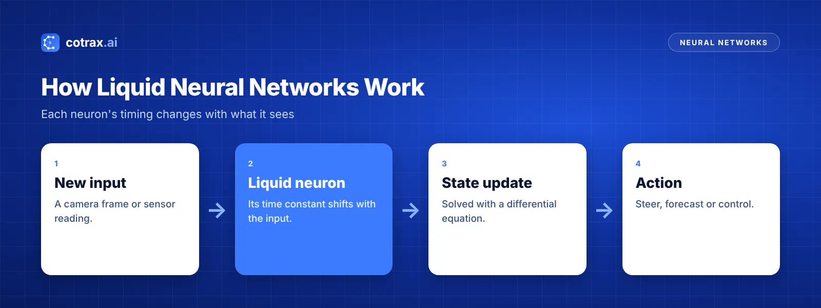 How liquid neural networks work: input, changing time constants, adaptive output
